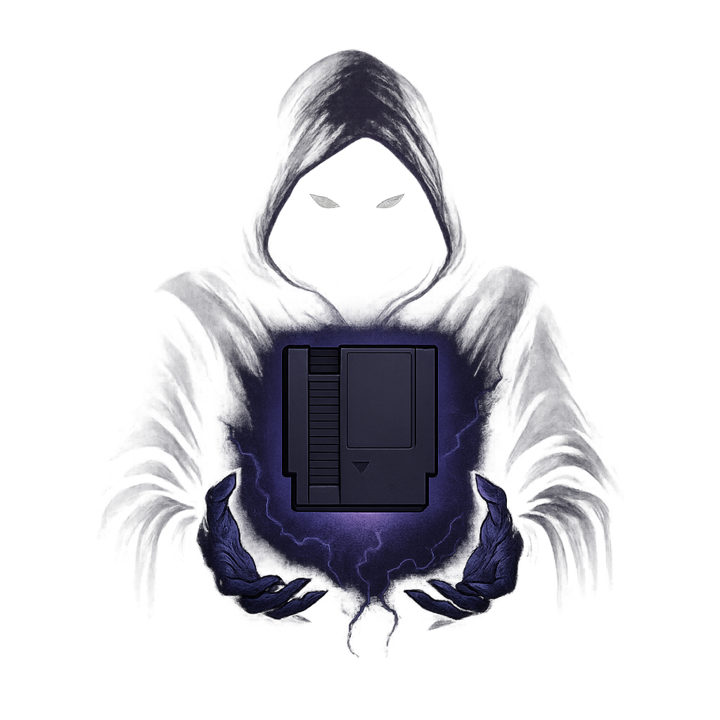 Hooded necromancer resurrecting a retro game cartridge